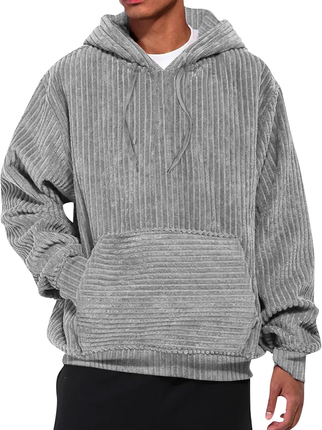 Ymosrh Men's Winter Hoodie Long Sleeve Casual Corduroy Drawstring Pullover Hoodies with Pocket Pullover Hoodie, S-3XL