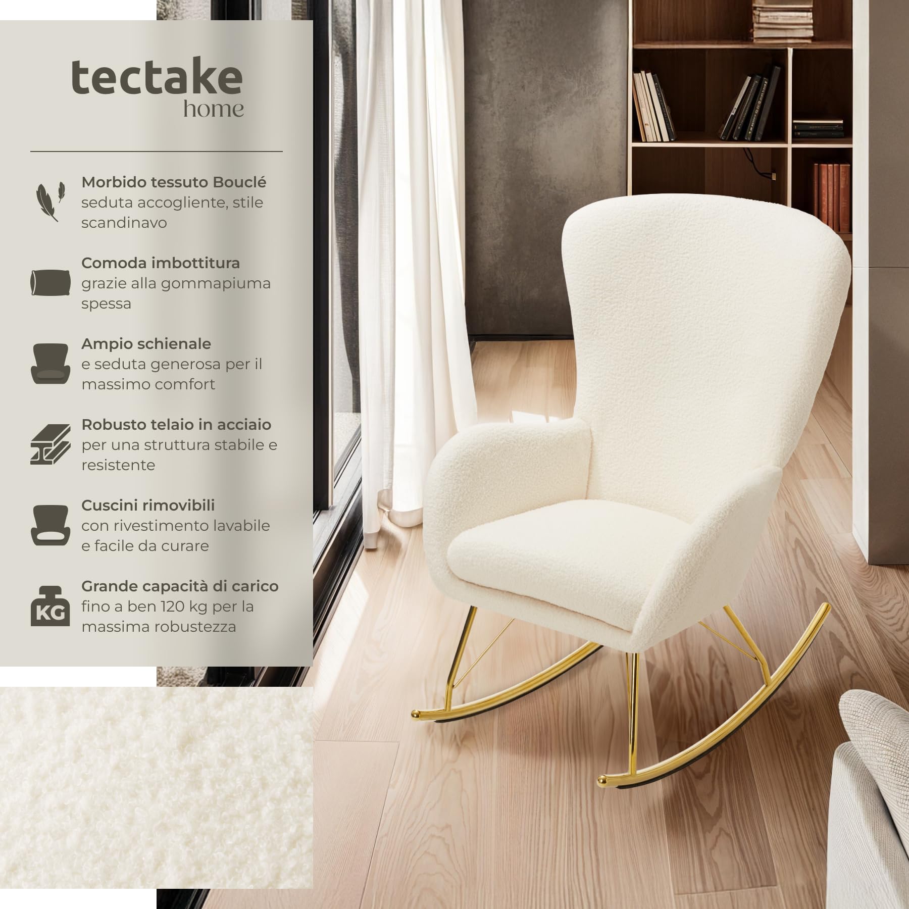 tectake® Sedia a Dondolo, Morbidissimo Velluto, Cuscino Removibile, Lavabile, Poltrona a Dondolo, Schienale e Braccioli Generosi, Telaio Robusto in Acciaio, Pattini Massicci, Antigraffio - Crema/Oro