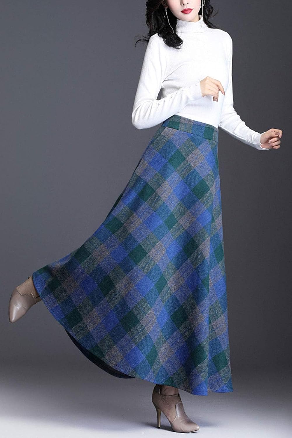 ebossy Women's Vintage High Waist Wool Blend Plaid A-Line Long Maxi Skirt with Pocket - Image 2