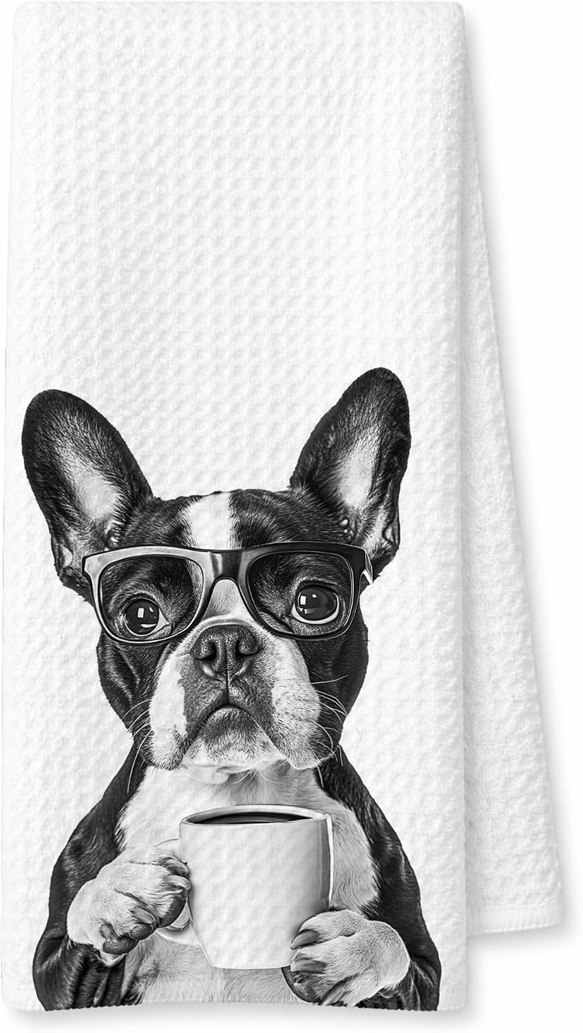 Funny French Bulldog Gifts Decorative Hand Towels for Kitchen Coffee Bar Station, Frenchie Gifts for Women Men, Black and White Coffee Dog Kitchen Dish Tea Towels, 16x24 Inch