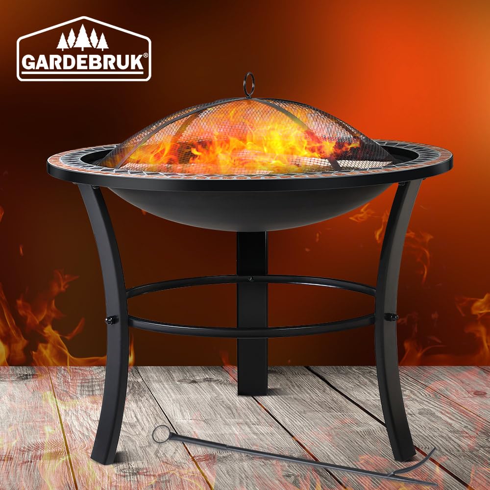 Brasero Rond Sevilla Ø 76 cm Acier laqué Pierres mosaïque Accessoires Couvercle Jardin terrasse feu Bois Charbon briquette Barbecue