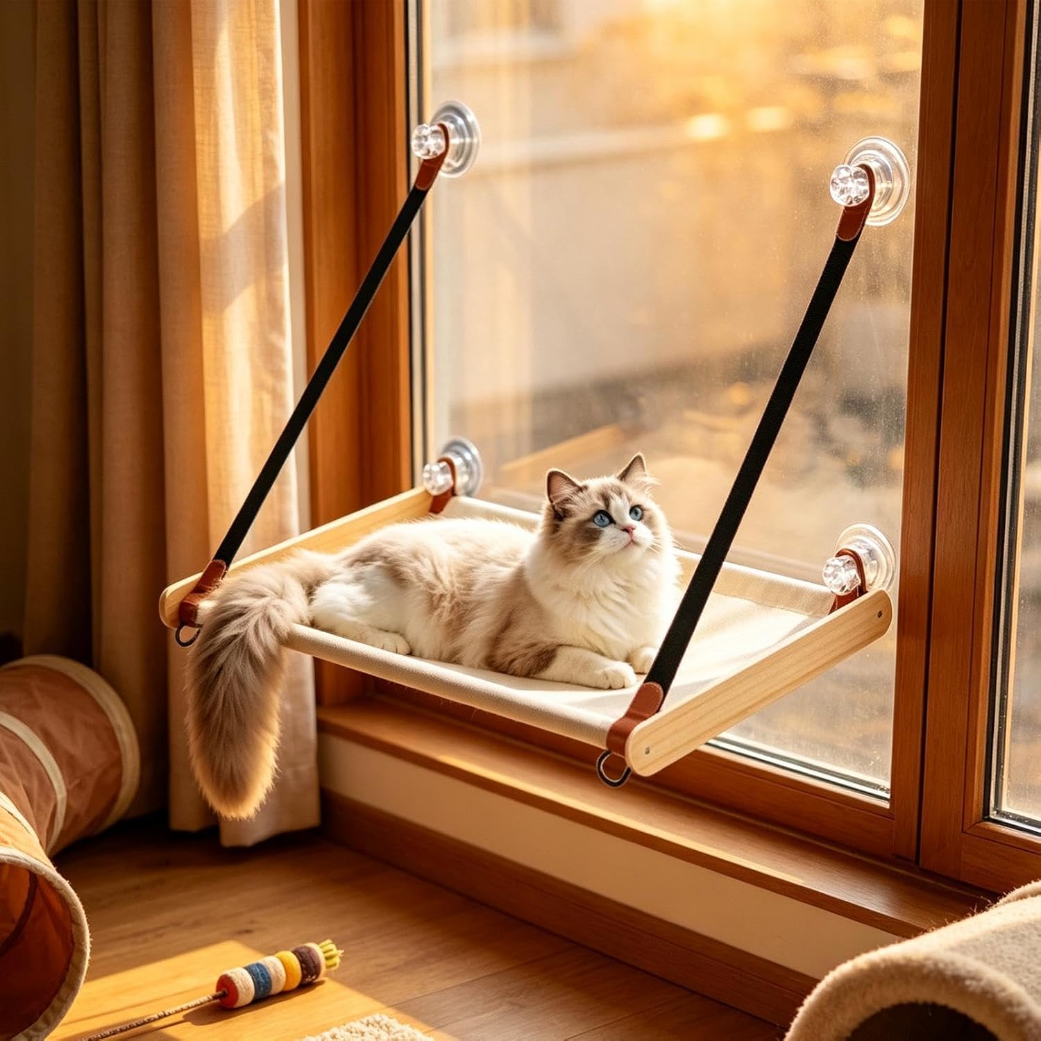 Cat Window Perch, Heavy Duty Wooden Seat, Foldable Pet Hammock Apartment image 3