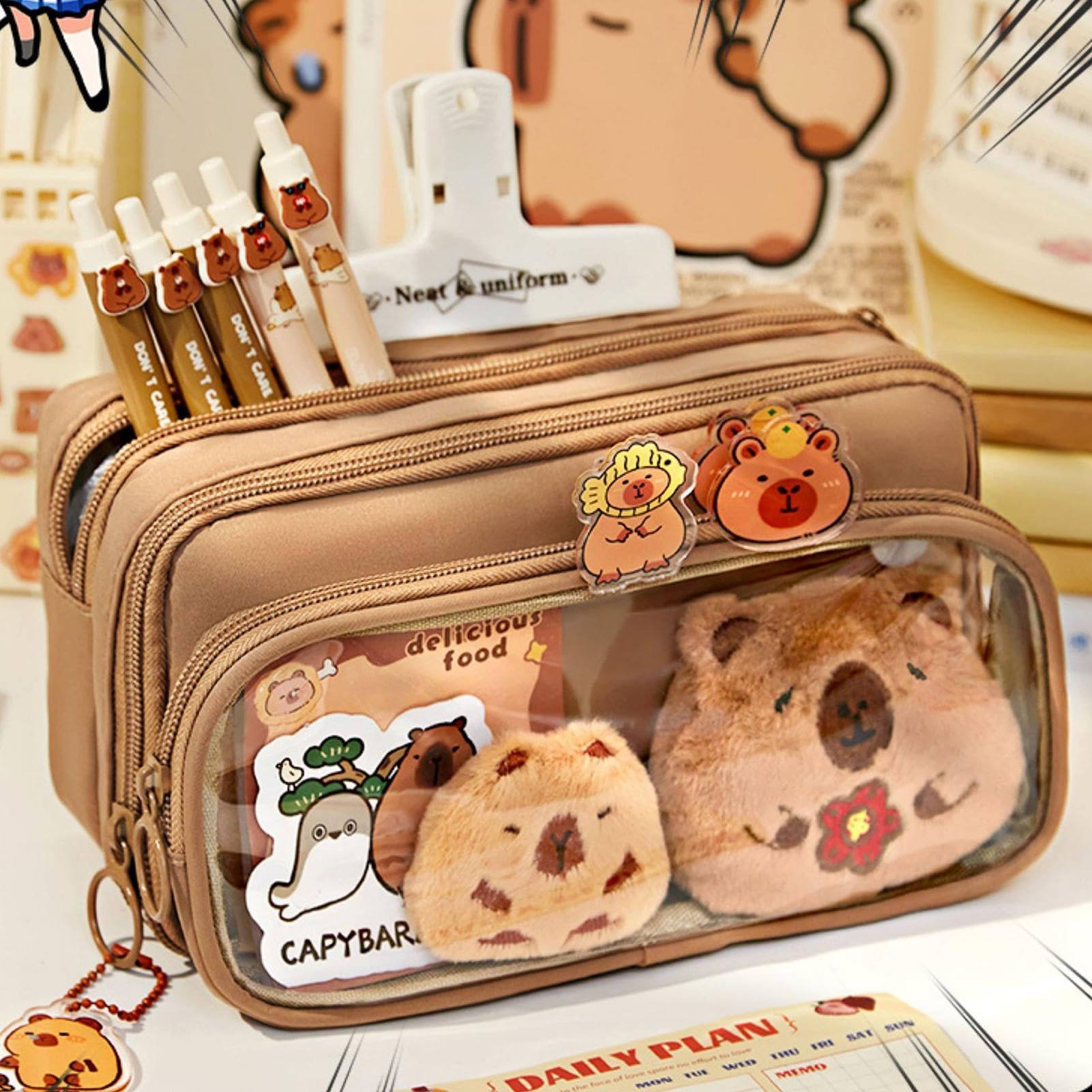 Pencil Case Capybara Capybara Gift Cute Capybara Pencil Case With 12  Compartments 90° Wide Opening Mouth Pencil Pouch With Kawaii Pins Plush  Cute Stationery B Capybara Stickers Teen Girl Gifts