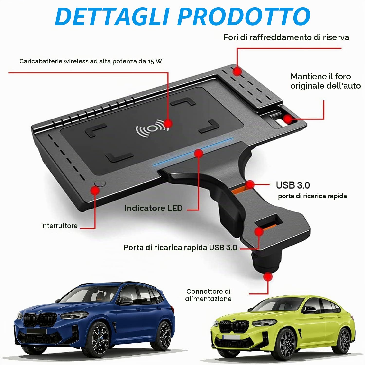 Caricatore Wireless Auto per BMW X3/X3M G01 2018 2019 2020 2021 2022 per BMW X4/X4M G02 2019 2020 2021 2022 15W Pannello Rapida Ricarica Telefono Pad per iPhone 12/13 Pro/13 Samsung S22/S21