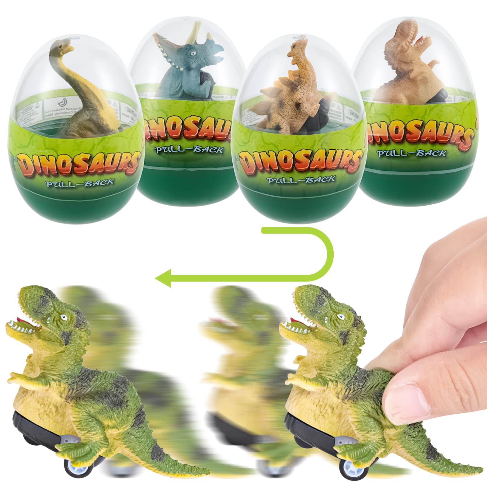 ThinkMax 4pcs Jumbo Easter Eggs Prefilled with Dinosaur Pull Back Cars for Kids Easter Basket Stuffers, Easter Eggs Hunt, Easter Party Favor