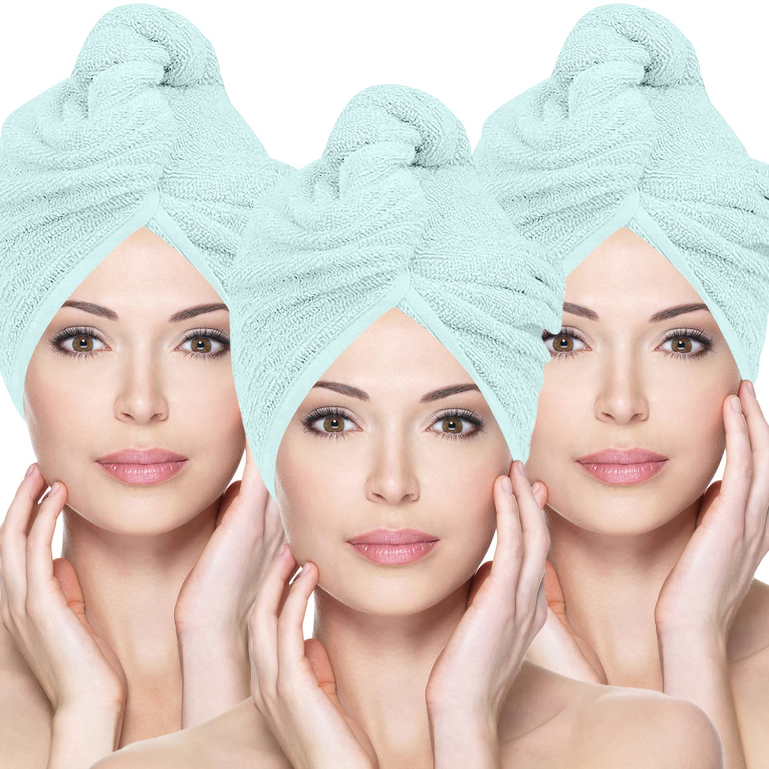 Glamza Microfibre Hair Towel Wrap Super Absorbing Twist Turban Hair Wrap with Buttons for Fast Drying Hair (3 PACK (LARGE) - GREEN)