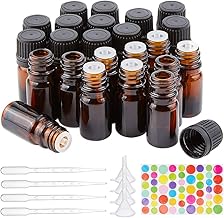BENECREAT 24 Pack 5 ml Amber Glass Bottle with Refillable Essential Oil Bottle with Opening Reducer, 10 Piece Dropper, 4 Piece Funnel and 1 Sheet of Labels