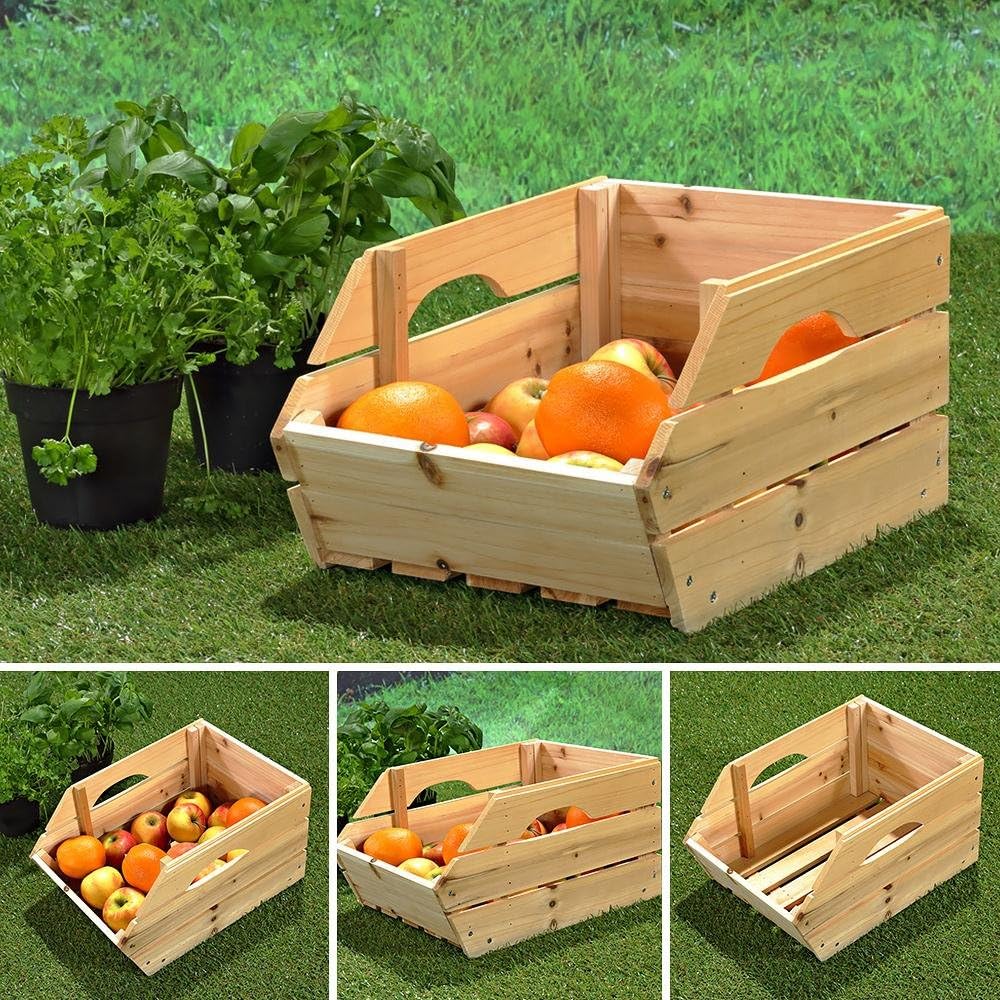 Mucola Holzkiste Obstkiste mit Griffen 3 Stück stapelbar 38x27x20 cm Natur | Kartoffelkiste Weinkiste aus Vollholz, für Kartoffeln, Obst und Gemüse, für Küche, Keller und Vorratskammer