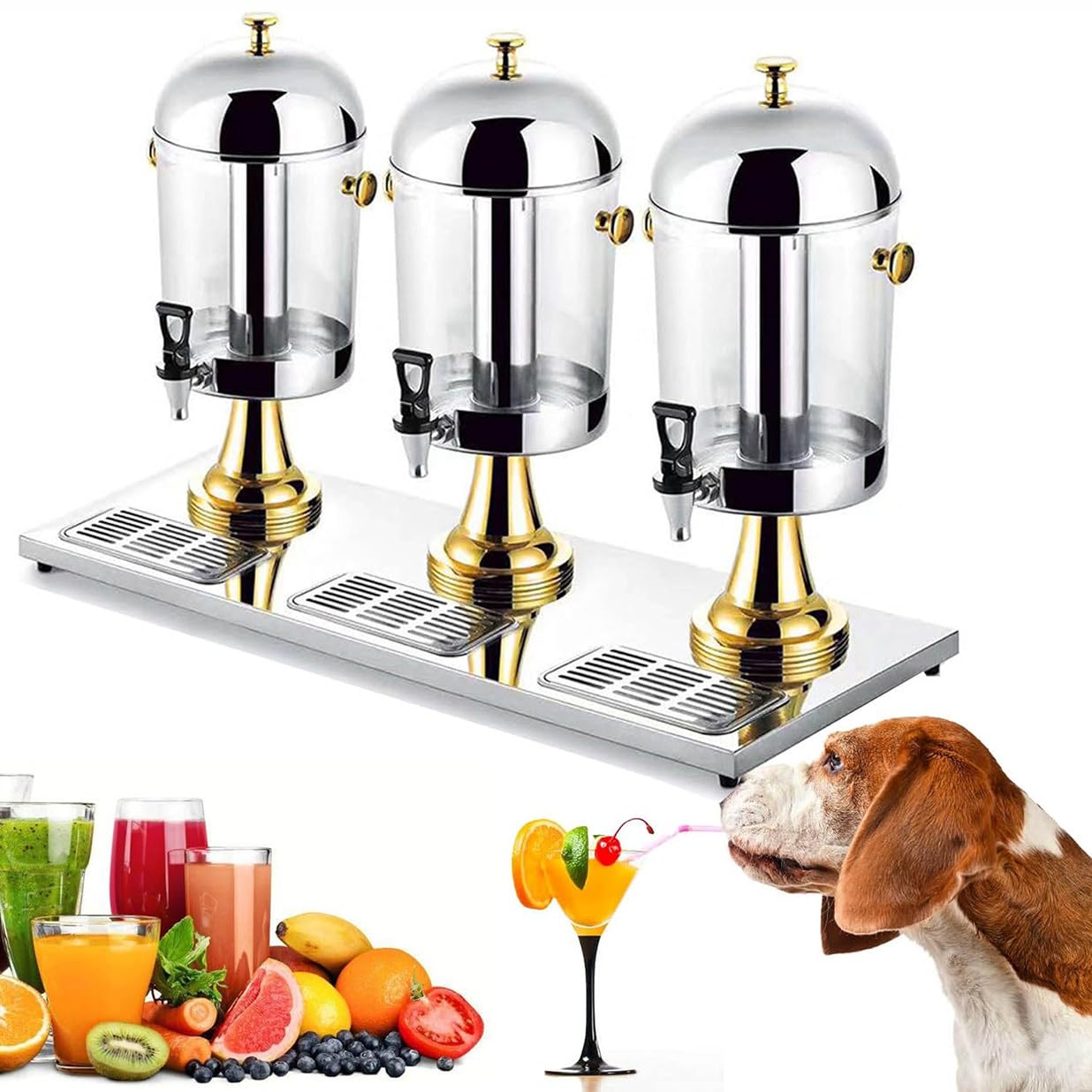 ASerZenith Cold Hot Juice Dispenser, Stainless Steel Clear Glass Drink Dispenser, Commercial Beverage Dispenser For Serving Cold Beverages, Cocktails, Water, Chilled Refreshments(Threehead24L-Gold)