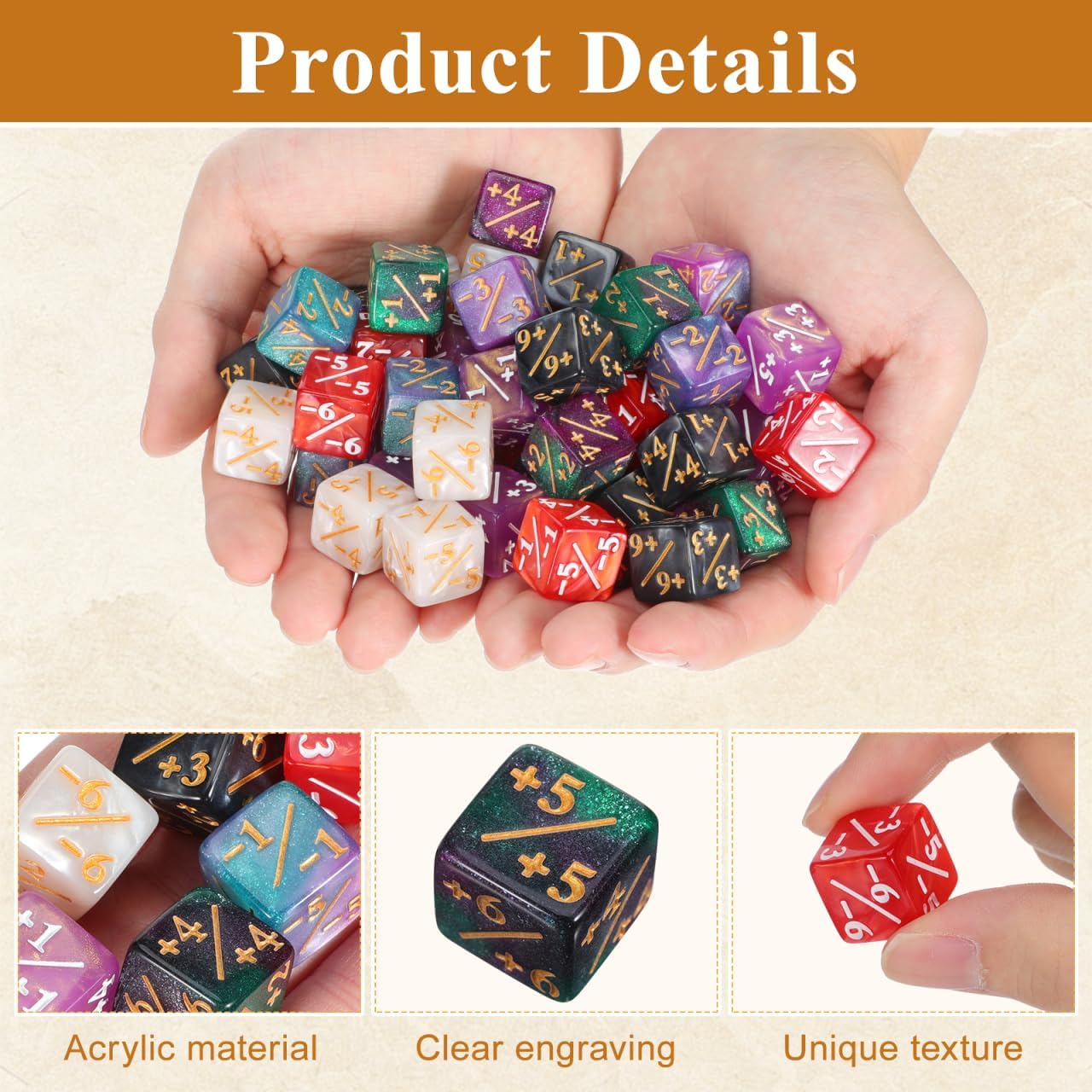 48Pcs 1/+1 Token Dice Counter, 0.63in 6 Color D6 Plus Minus Dice Set, Acrylic Board Game Accessory with Bag, Compatible with MTG Counter, CCG, Card Games