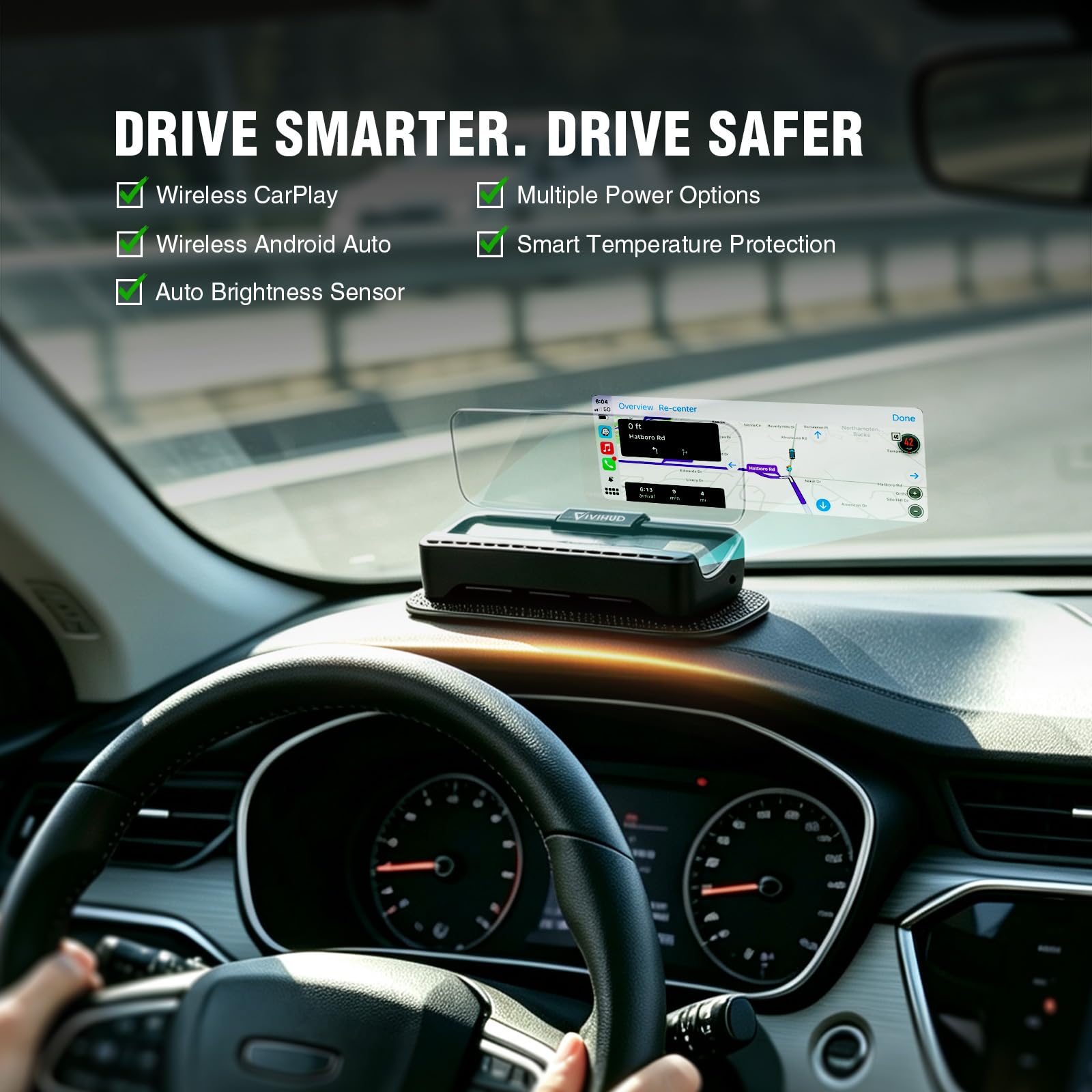 VIVIHUD V3-SE Carplay inalámbrico Android coche HUD Head-Up Display Cluster Pantalla HD reflector de imagen Bluetooth OBD2 GPS velocímetro Plug-and-Play Inteligente Brillo Automático