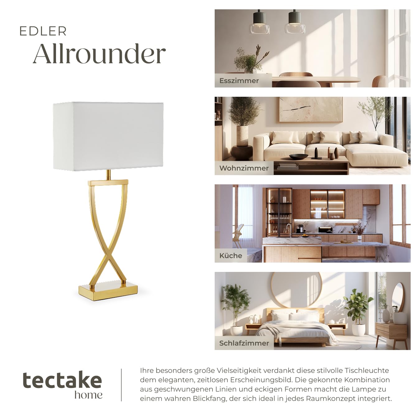 tectake® Nachttischlampe mit Stoffschirm, Schreibtischlampe, E27 Fassung, Deko Tischlampe mit Kippschalter und Kabel, Nachtlicht Lampe, für Schlafzimmer Wohnzimmer, 27 x 12 x 51,5 cm - messingfarben