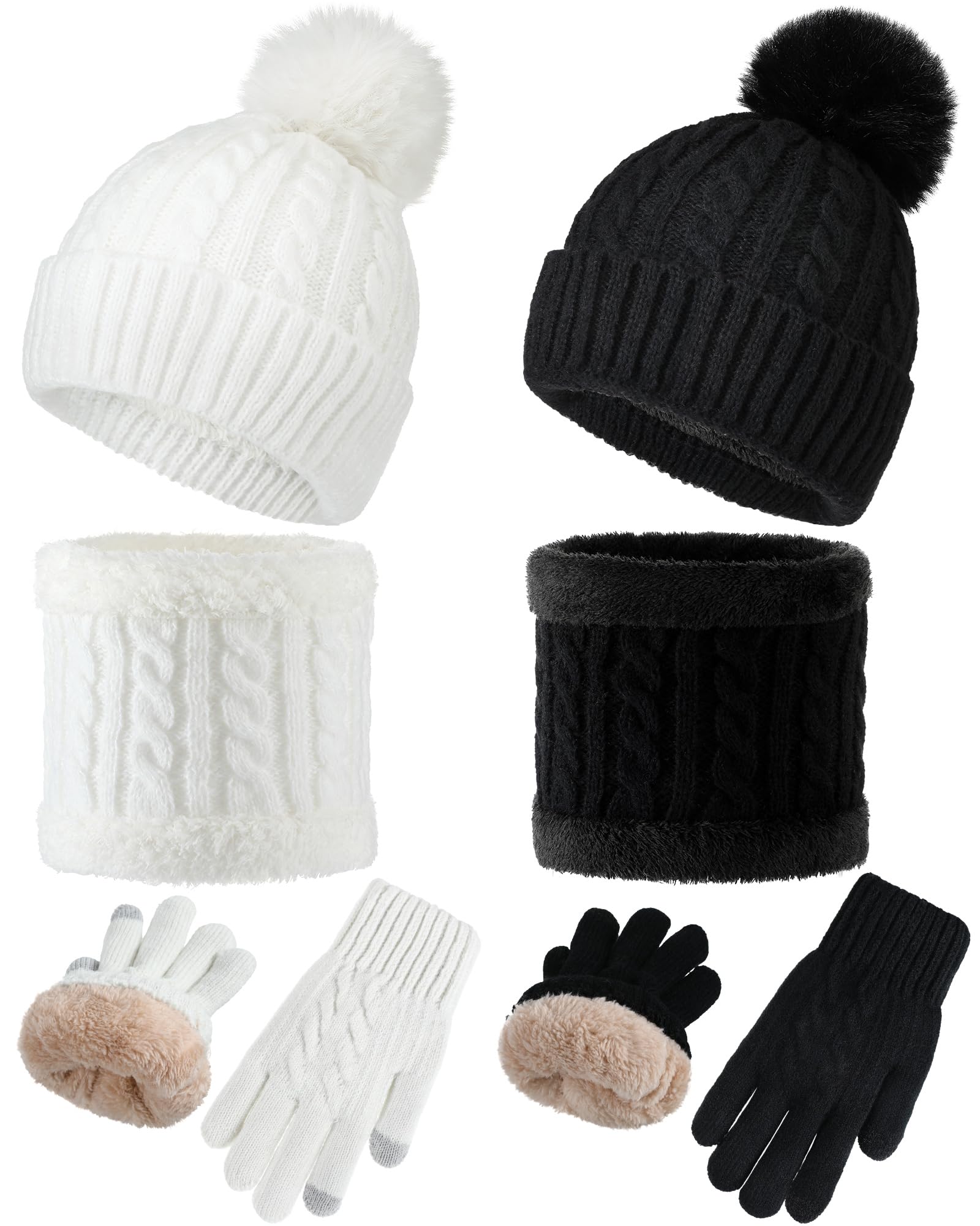 Eurzom 6 Pcs Women Winter Beanie Hat Scarf Touchscreen Gloves Set Knitted Fleece Pom Beanie Hat for Winter