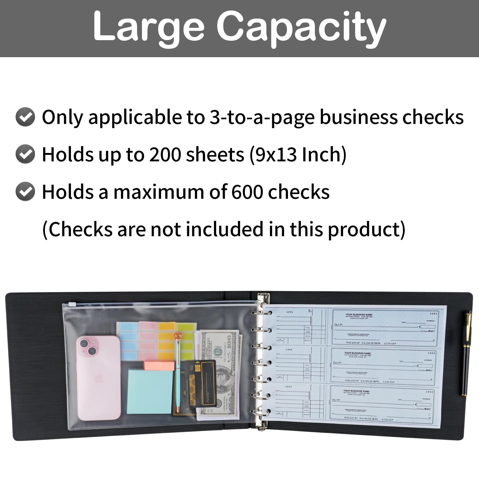 Raccoglitore professionale a 7 anelli, in pelle PU di alta qualità, organizer per assegni 3 su una pagina, perfetto per affari e finanze personali, adatto per fogli da 22,3 x 33 cm, capacità 600
