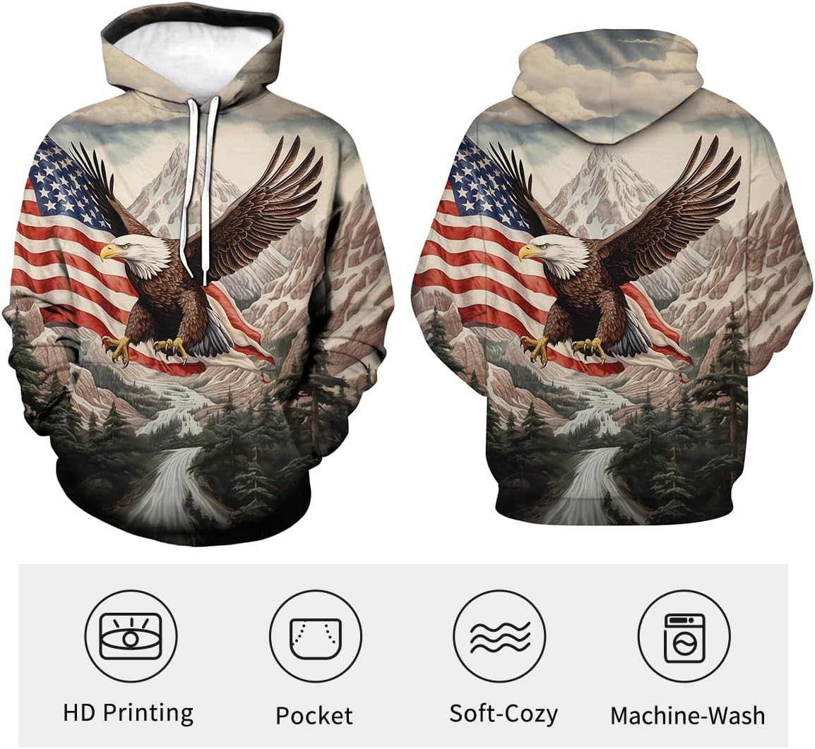 Funny American Flag Eagle Hoodie USA Bald Eagle Graphic Sweatshirt - Image 3