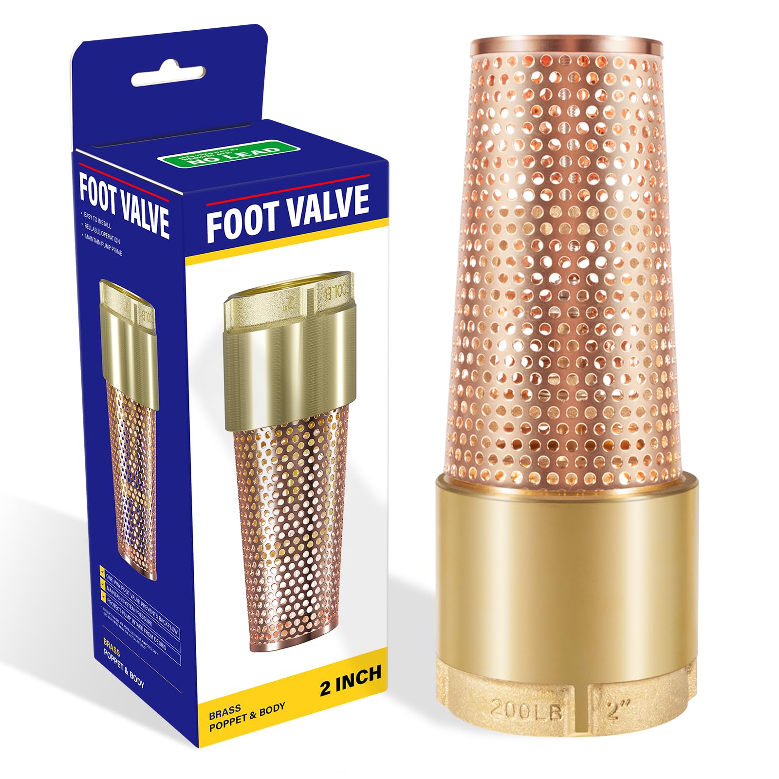 2 Inch Foot Valve for Irrigation Pump, No-Lead Brass Foot Valve, One-Way With ZEBRA MUSSEL Strainer