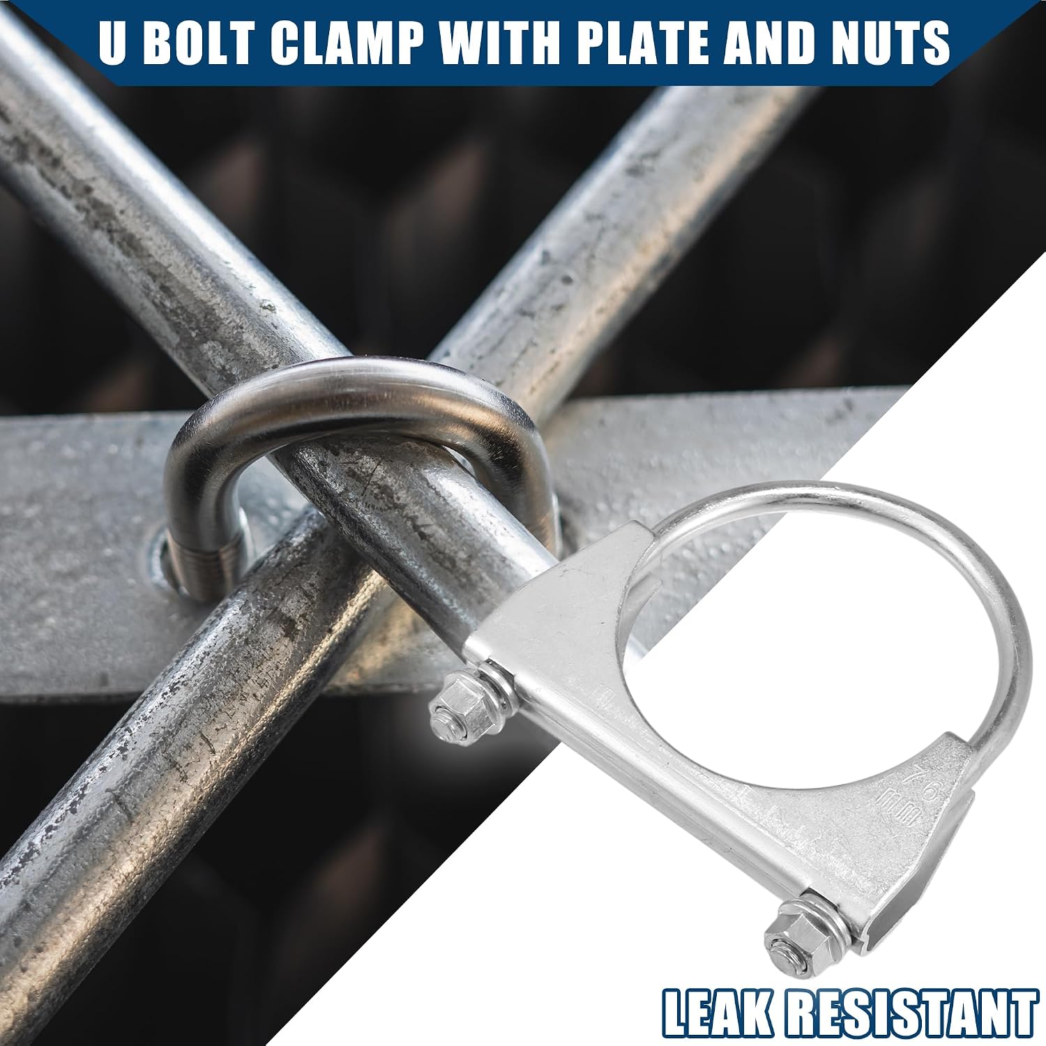 Round U Bolt Clamp/Muffler Exhaust Clamps for Car RV Truck Boat/Durable Mild Steel 3" ID 76mm / 4 Pcs Silver Tone
