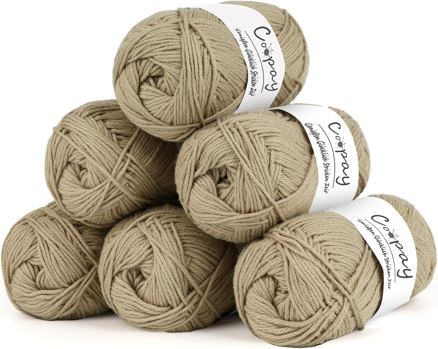 Coopay 100% Cotton Yarn for Crochet and Knitting, 6 x 50g Crochet Cotton Yarn, 4 Ply Soft Cotton Knitting Yarn, Ideal Cotton Crochet Yarn for Dishcloth, Baby Blankets, Socks, Hats - Khaki