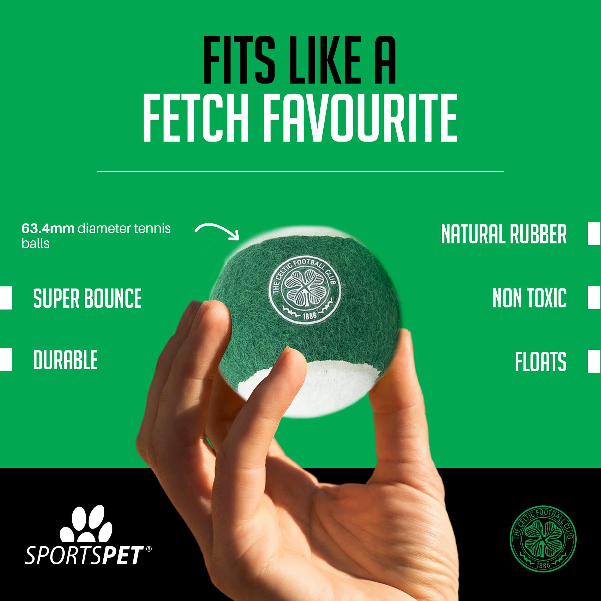 SPORTSPET x Celtic SQUEAK! Tennis Balls for Dogs, Green, White, 64mm - Image 3