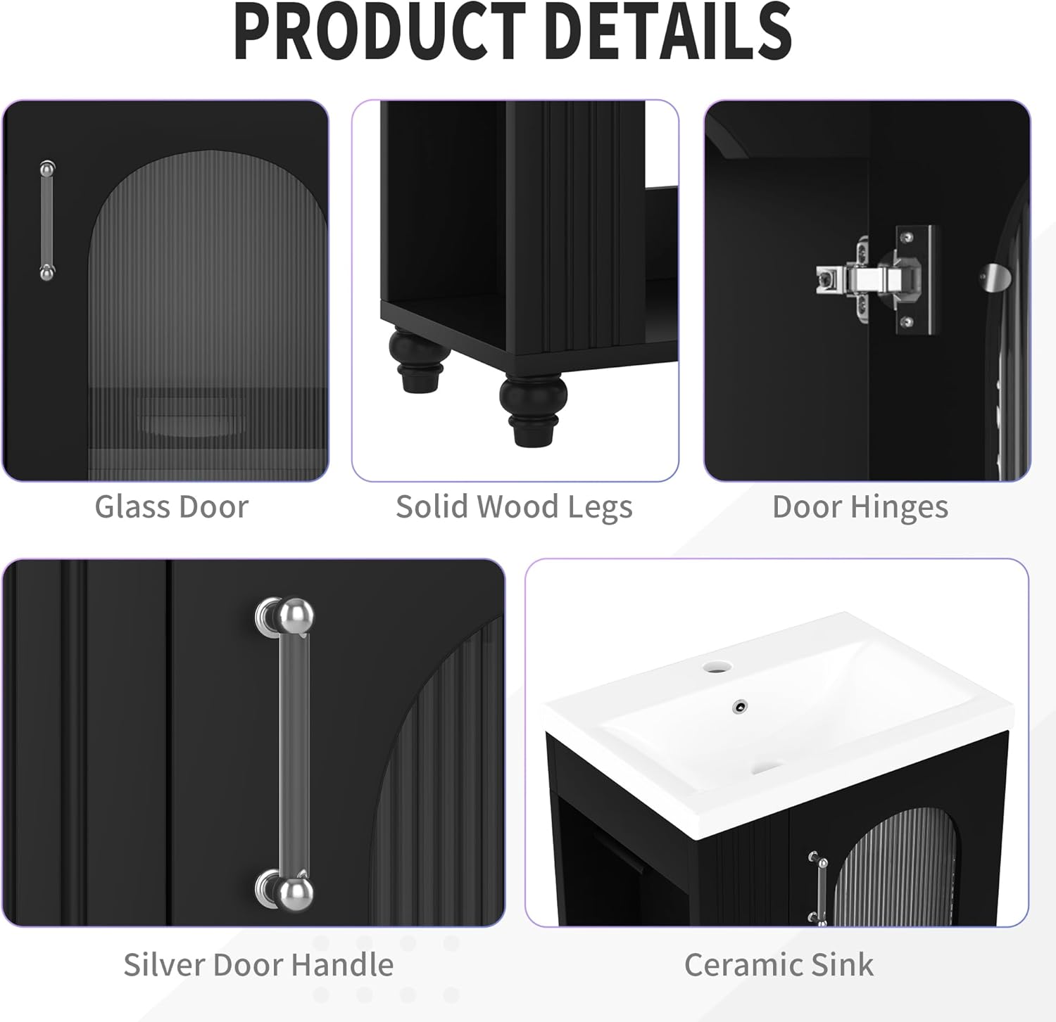 Modern Vanity Sink Cabinet with Ceramic Sink, 20 Inch Bathroom Vanity Adjustable Shelf, Open Side Shelves & Pinewood Towel Bar, Freestanding Bath Vanities for Small Room, Black