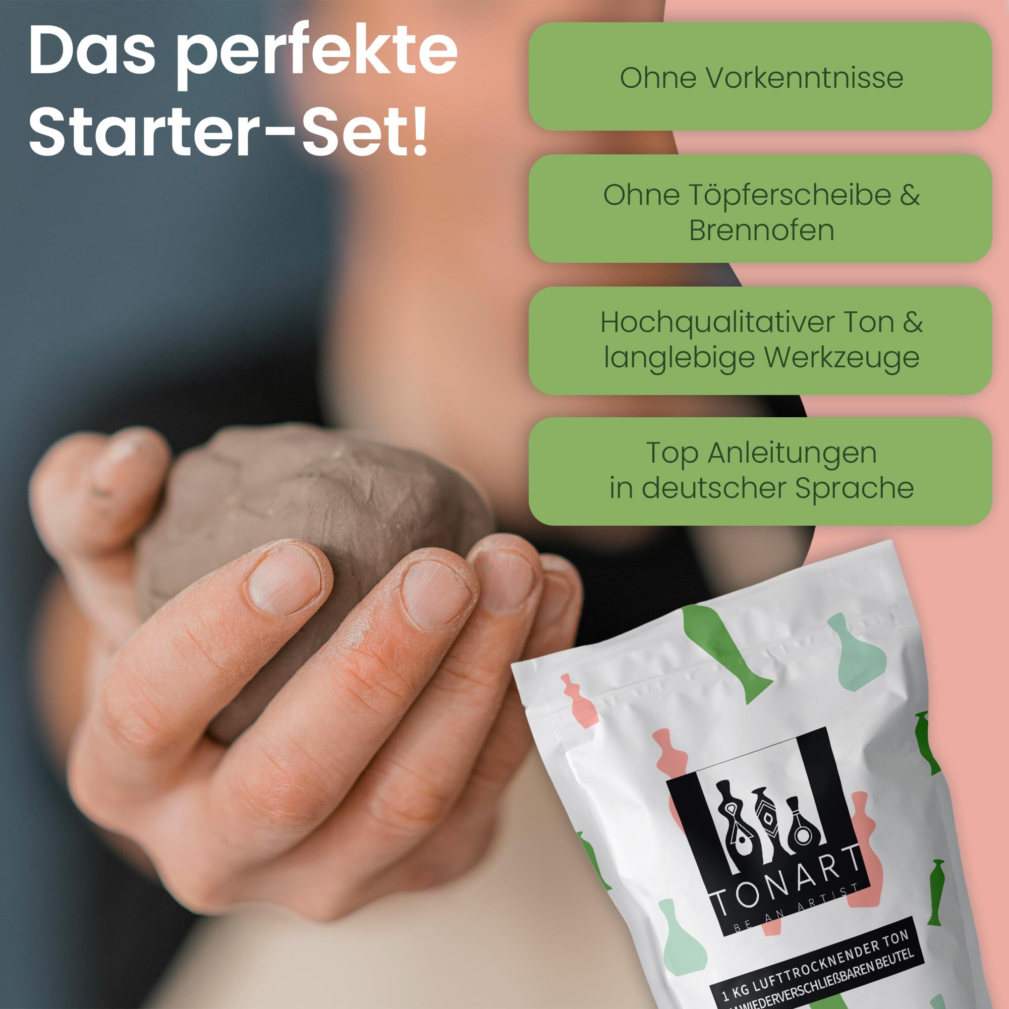 TONART BE AN ARTIST – Töpferset für Anfänger für zuhause mit lufttrocknendem Ton (ohne Brennen), Werkzeugen, Acrylfarben, Grundierung, Klarlack und Schritt-für-Schritt-Anleitungen | DIY Basteln |