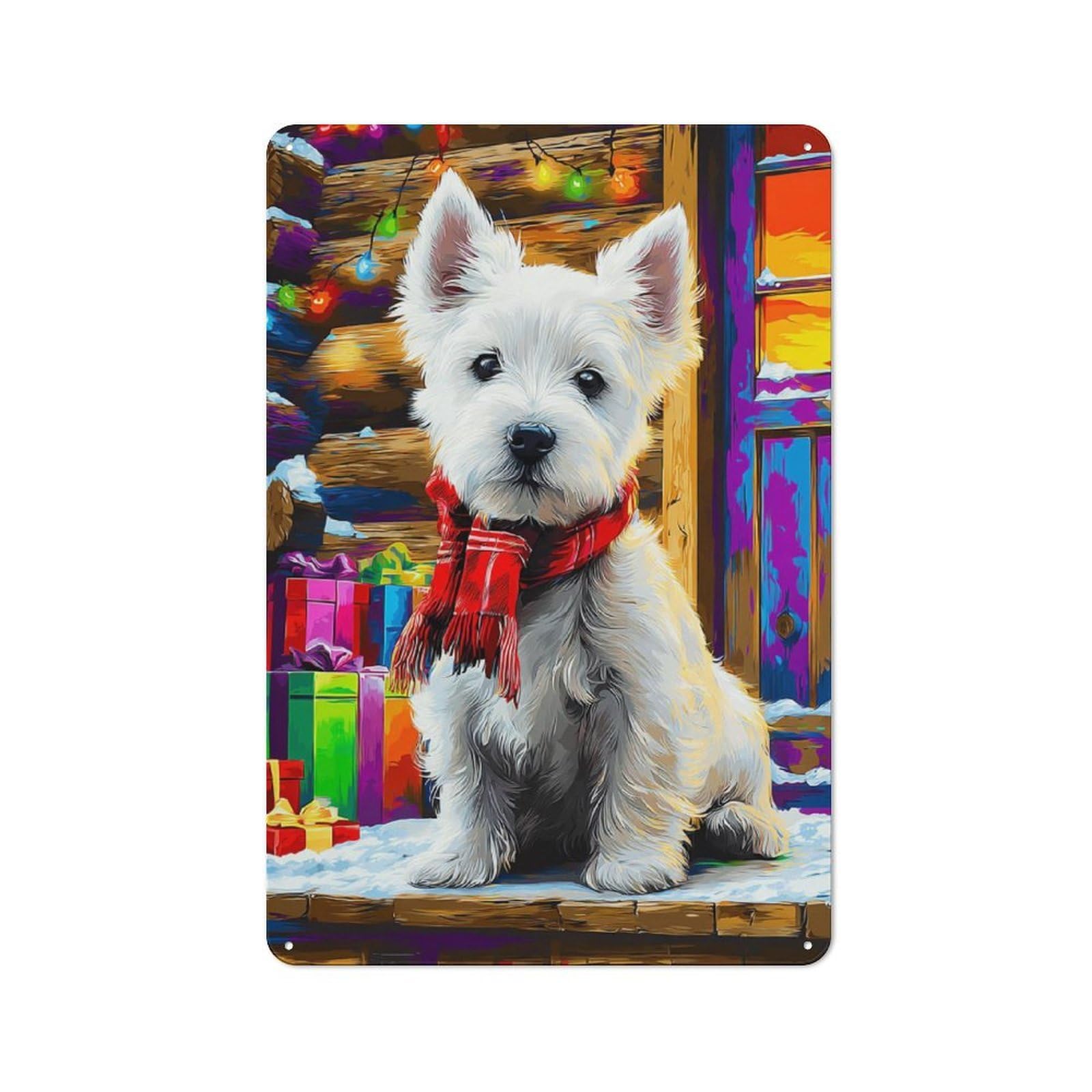 Junmoney Christmas Westie With Presents Garage Metal Sign 30X20cm, Retro Workshop Wall Decor For Tool Room, Garage, Studio Or Home Bar