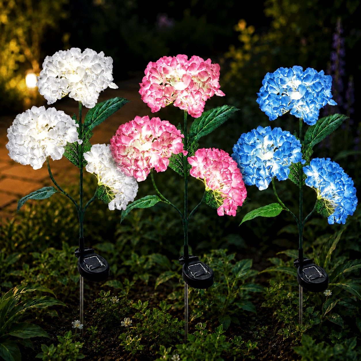 3Pack Solar Flower Lights Outdoor Waterproof, 2026 LED Garden Stake Ornaments Hydrangea Solar Powered Light, Outside Decorative Artificial Flowers for Yard Patio Lawn (3-Pack（Blue White Pink）)