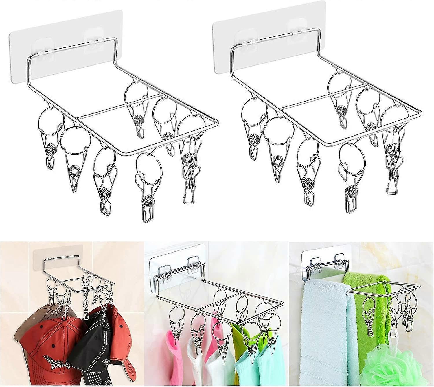 JOYHAPPST 2 Pcs Adhesive Hooks with Clips(Rectangle-8 Peg)