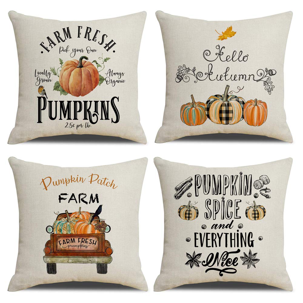 KACOPOLFall Decorative Pillow Covers Pumpkin Patch Farm Truck Hello Autumn Fall Halloween Thanksgiving Farmhouse Decor Throw Pillow Case Cushion Cover 18" x 18" Set of 4 (Farm Fresh Pumpkin)