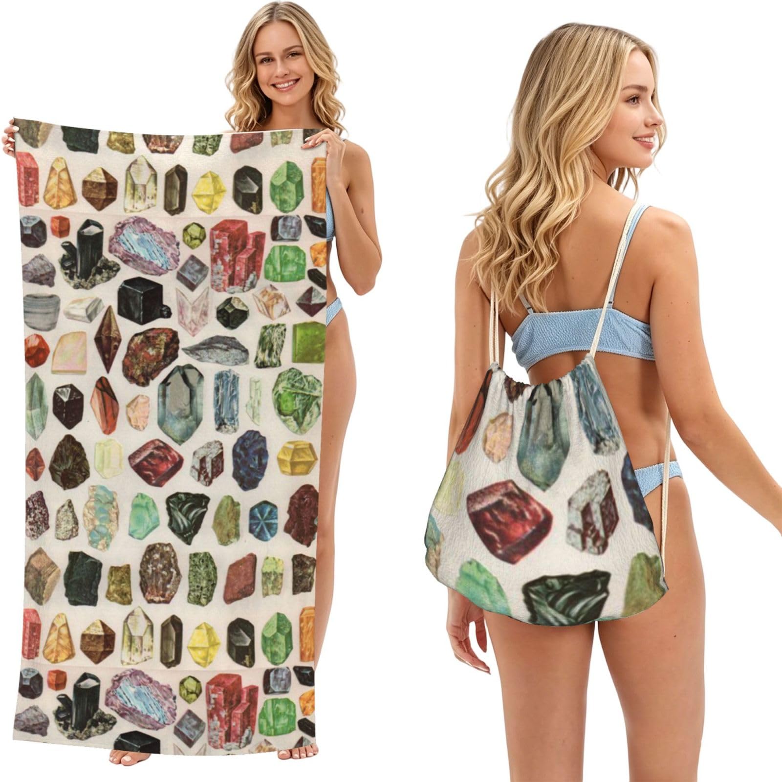 Poadnly As Picture Vintage Geology Gemstone Crystal Minerals, 2 In 1 Packable Towel Bag, Beach Towels With Drawstring Backpack For Travel Holiday Camping