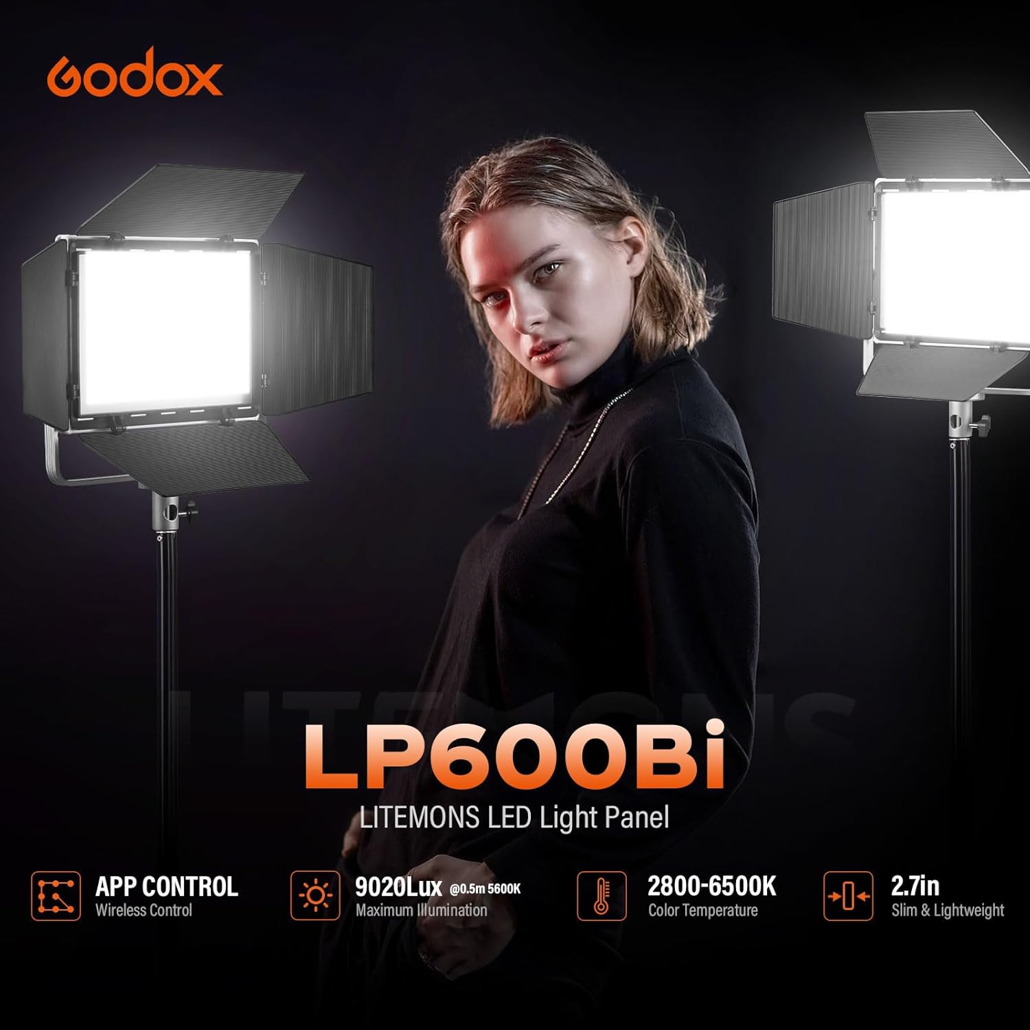 Godox Litemons LP600Bi 60W Bi-color LED Light Panel 2-Light Kit, 2-Pack with Light Stand, Carrying Case, Battery Power, 2800-6500K, 9020lux@0.5m,APP Control for YouTube Video Recording, Live Streaming