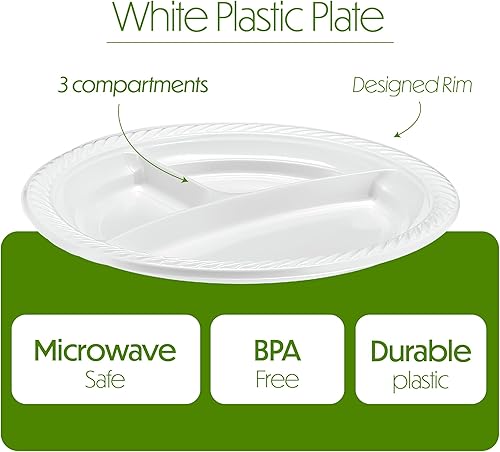 Miniatura 6 de PLASTICPRO Platos de plástico redondos de 9 pulgadas de 3 compartimentos - Platos de 3 secciones aptos para microondas, desechables, blancos,