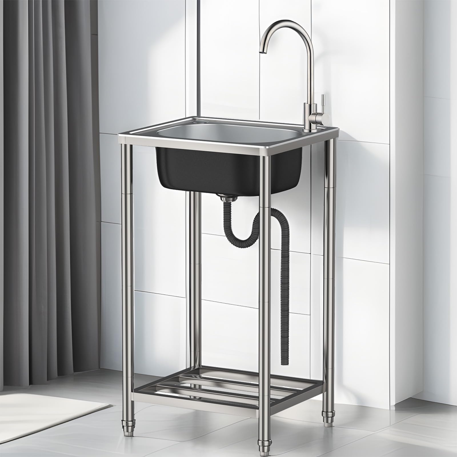MJYDKBZ Stainless Steel Kitchen Sink Utility Free Standing Sink with Removable Faucet Outdoor Camping Garden Sinks for Washing Outdoor Sinks Easy to Clean (60×45×82cm)