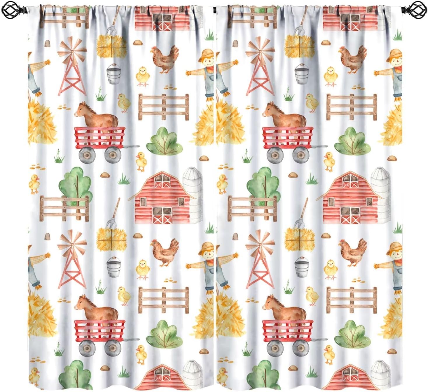 JESTRONRY Country Curtains for Kitchen,Rustic Cute Farm Scarecrow Horses Chickens Watercolor Style Window Treatments Curtains for Living Room Bedroom Home Decor 42x63in