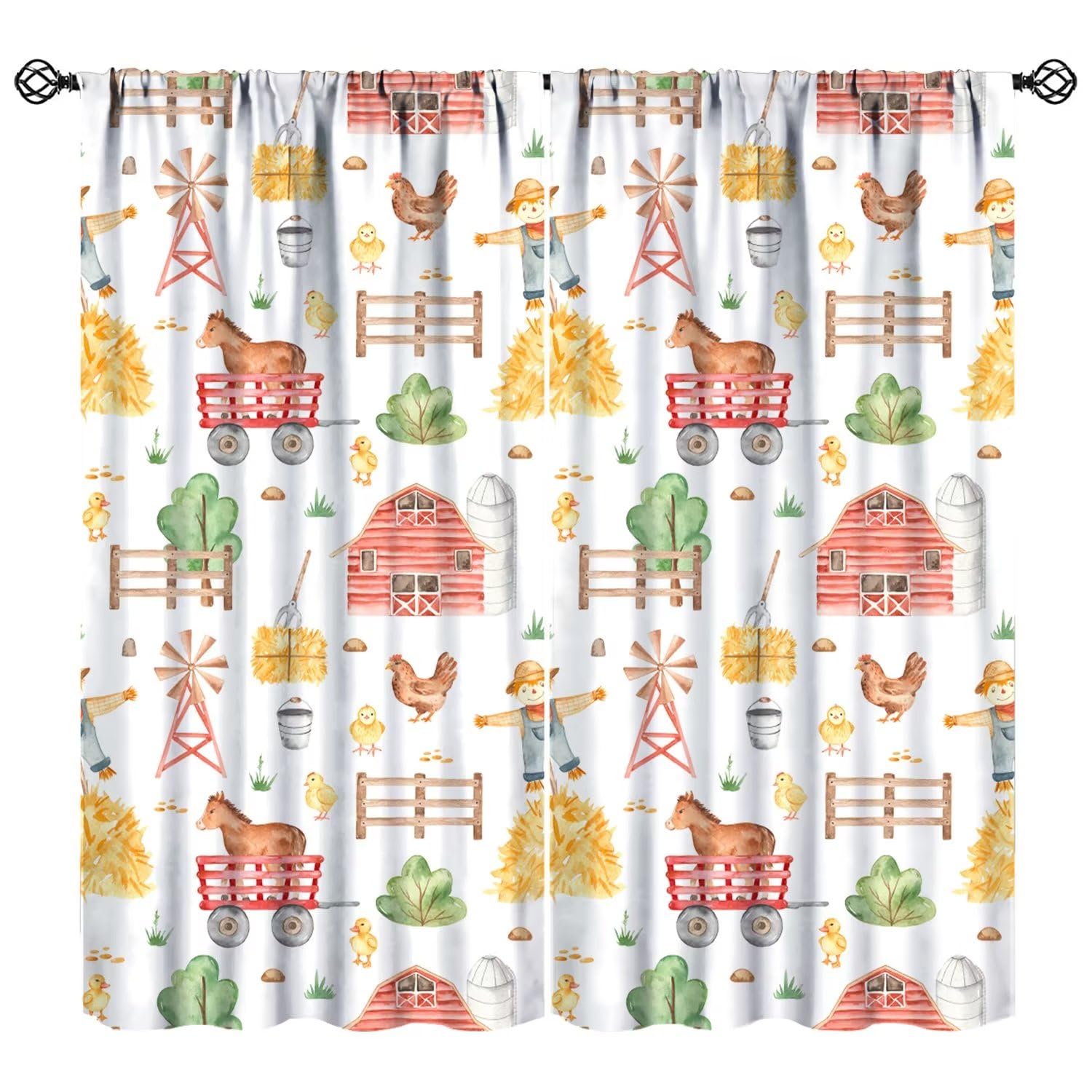 JESTRONRY Country Curtains for Kitchen,Rustic Cute Farm Scarecrow Horses Chickens Watercolor Style Window Treatments Curtains for Living Room Bedroom Home Decor 84x84in
