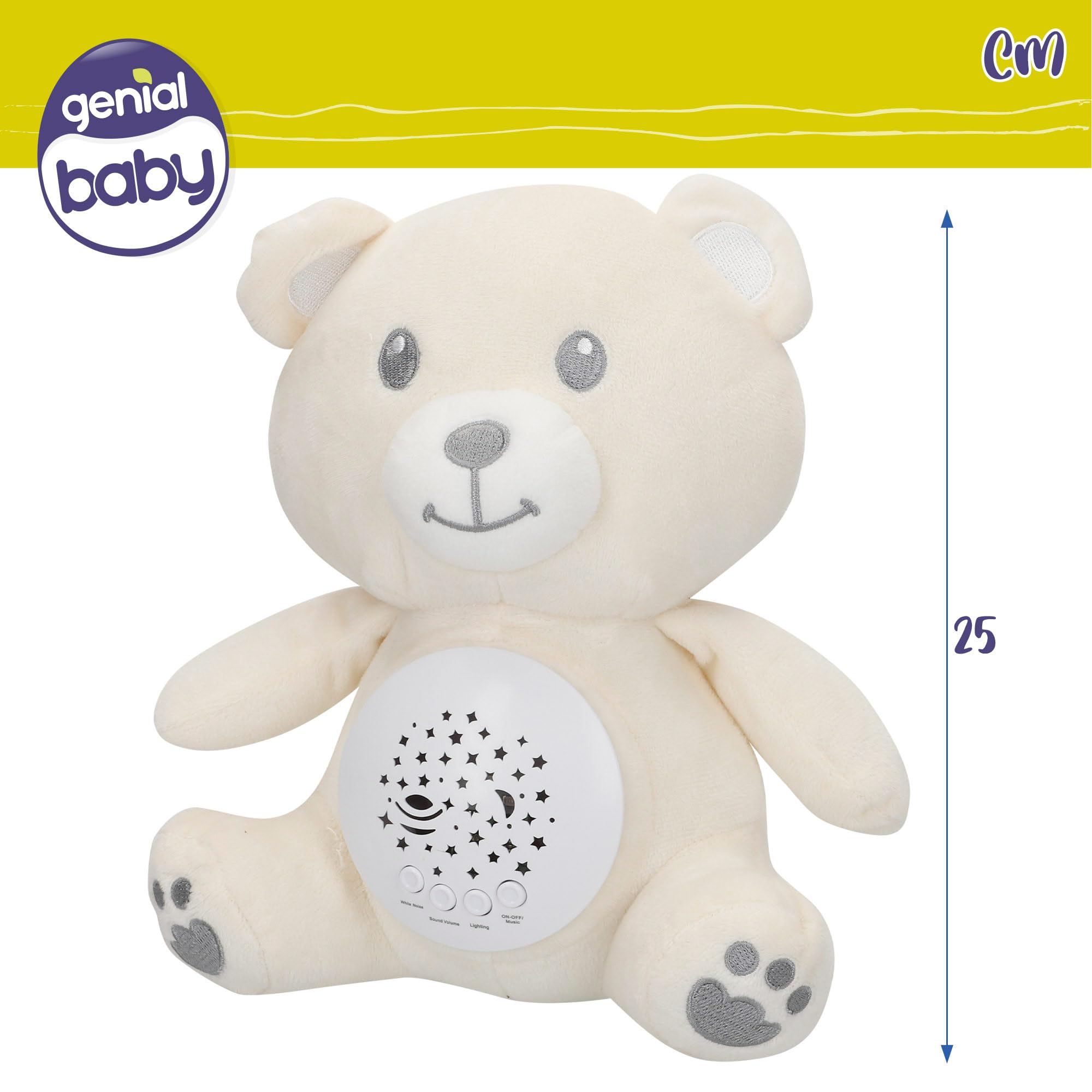 COLORBABY Genial Baby Proyector Estrellas, Osito, 25 cm, Luz Nocturna y Temporizador, Peluche quitamiedos Infantil, con Sonidos y Ruido Blanco bebé, Regalo recién Nacido, Regalos para bebés (34034)