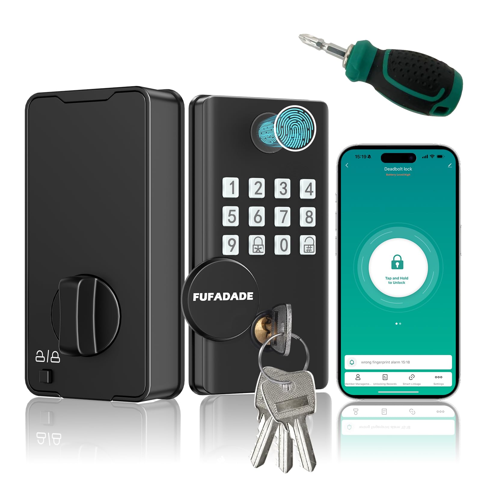 Digital Door Lock with Keypad Set - Fingerprint Door Lock with Keypad Set and 4 Keys - Digital Smart Locks for Front Door - Auto Lock - IP65 - High Security - Easy Install - Includes a Screwdriver