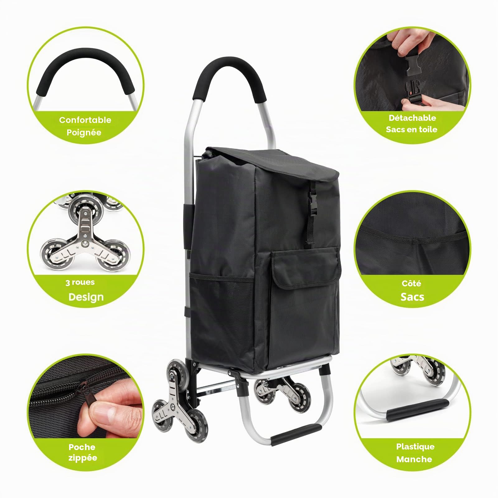 Chariot De Courses Pliable Amovible 6 Roues (56 L),Chariot de Rangement à roulettes avec Sacs de Courses Imperméable et Cordon élastique Ajustable,Chariot à roulettes Escalier,Noir