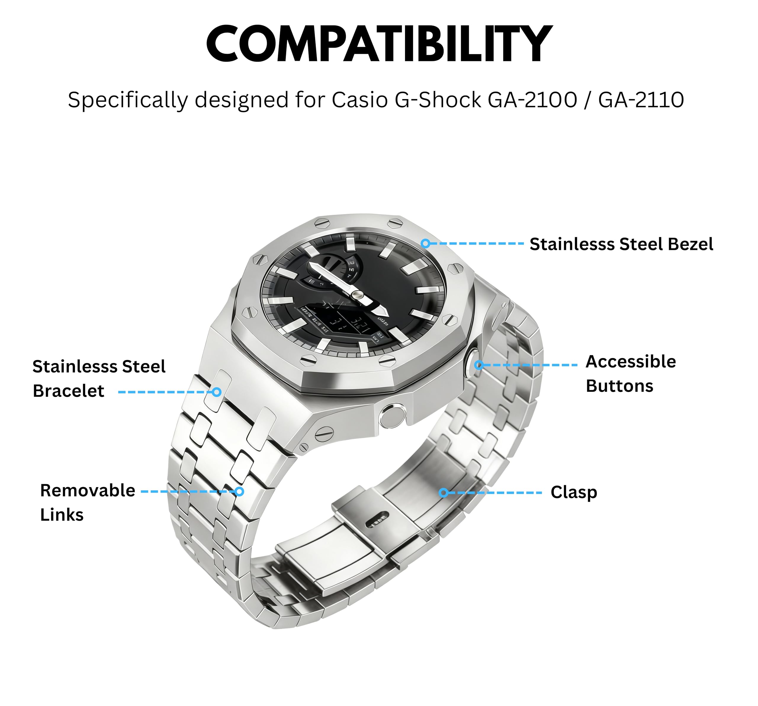Zamienna bransoletka do zegarka 316L ze stali nierdzewnej kompatybilna z Casio G-Shock GA-2100 / GA-2110