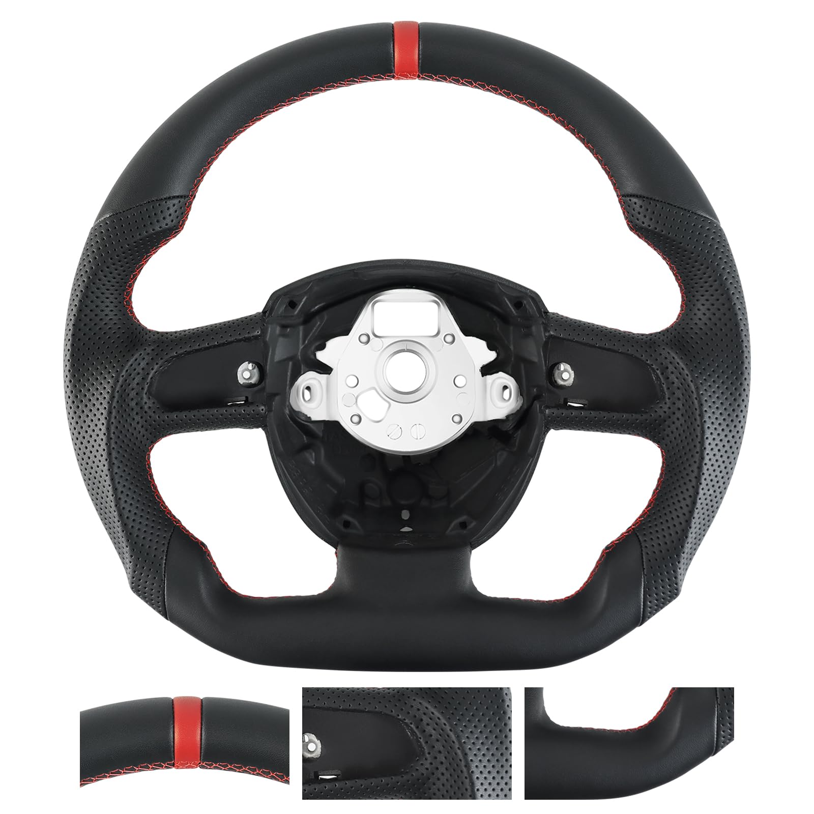 Volant en cuir plein - Antidérapant - Perforé - Respirant - En forme de D - Fond plat - Avec coutures rouges - Convient pour Audi A4(only B7) pour A5 pour S4 pour S5 2008-2010
