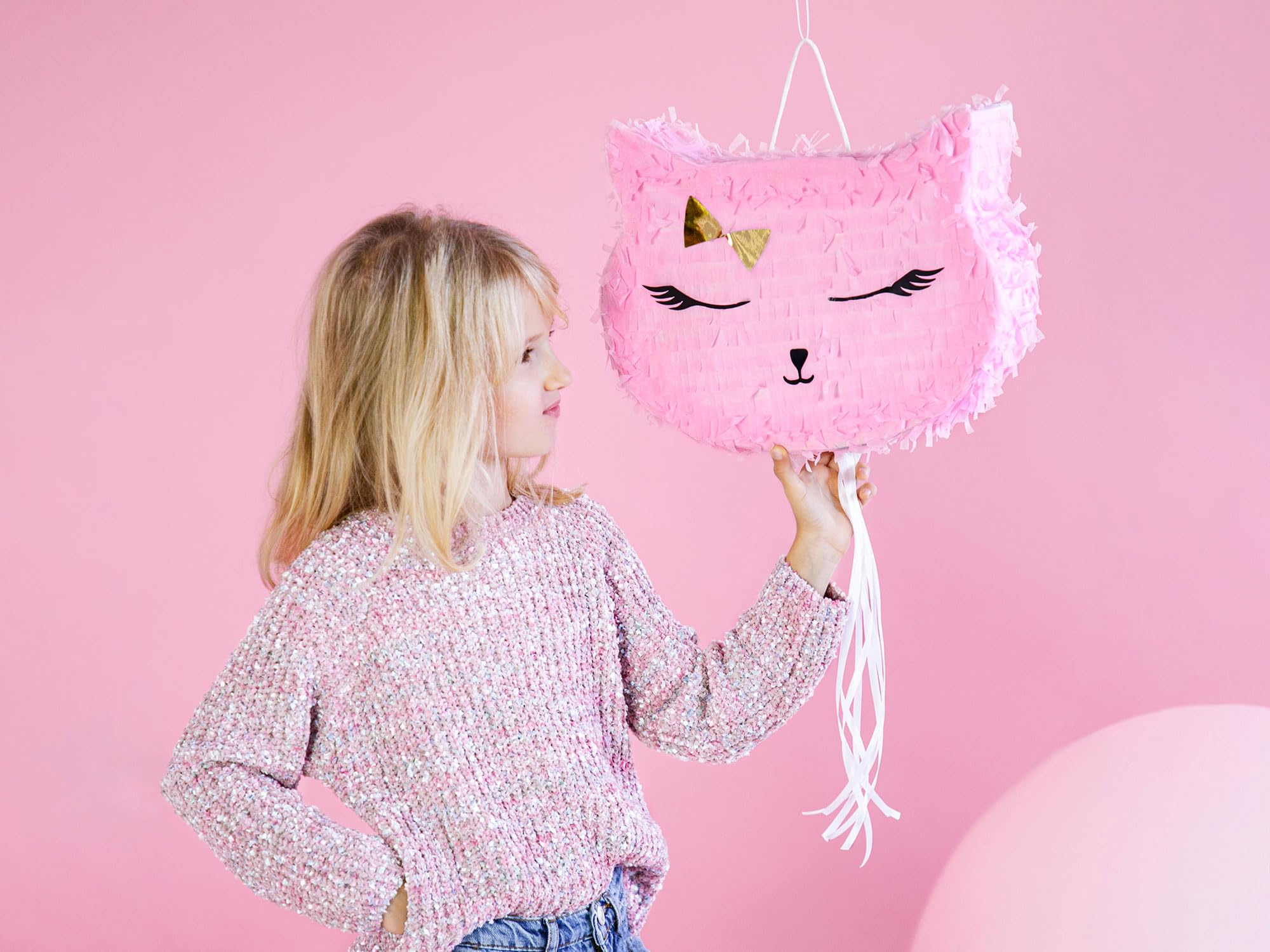PartyDeco Pentolaccia en forma de cabeza de gato, piñata de cumpleaños para niños, rellena de dulces, regalos y golosinas, cartón o papel, PIN11