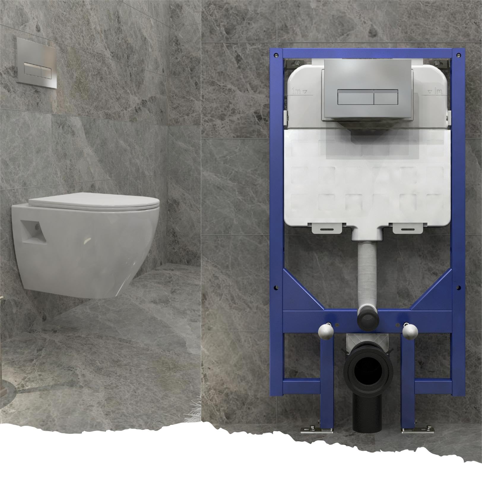 Biubiubath Complete Set-085-Uf Modern Bathroom Round Ceramic Wall Hung Toilet Uf Slim Soft Close Seat With 1.14M Concealed Cistern Frame Set & Rectangular Sliver Dual Flush Plate