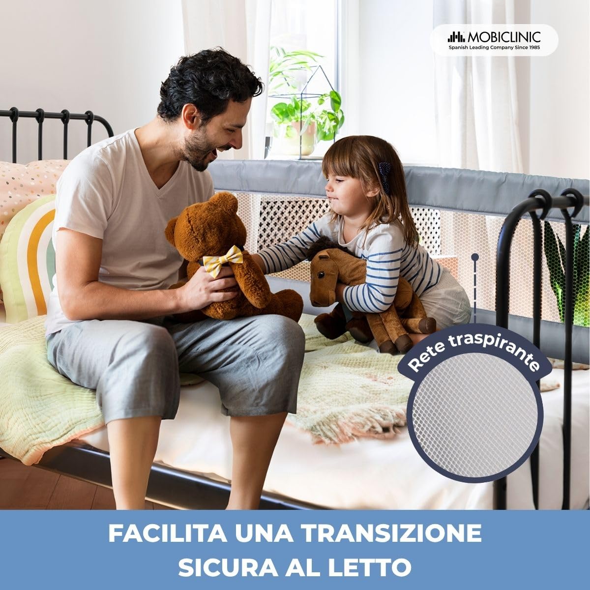 Mobiclinic®, Sponda da letto pieghevole, Dreamy, Fissaggio sotto materasso, Borsa per il trasporto, Barriera sicura e protettiva, Bambini 18 mesi a 5 anni, 150 cm