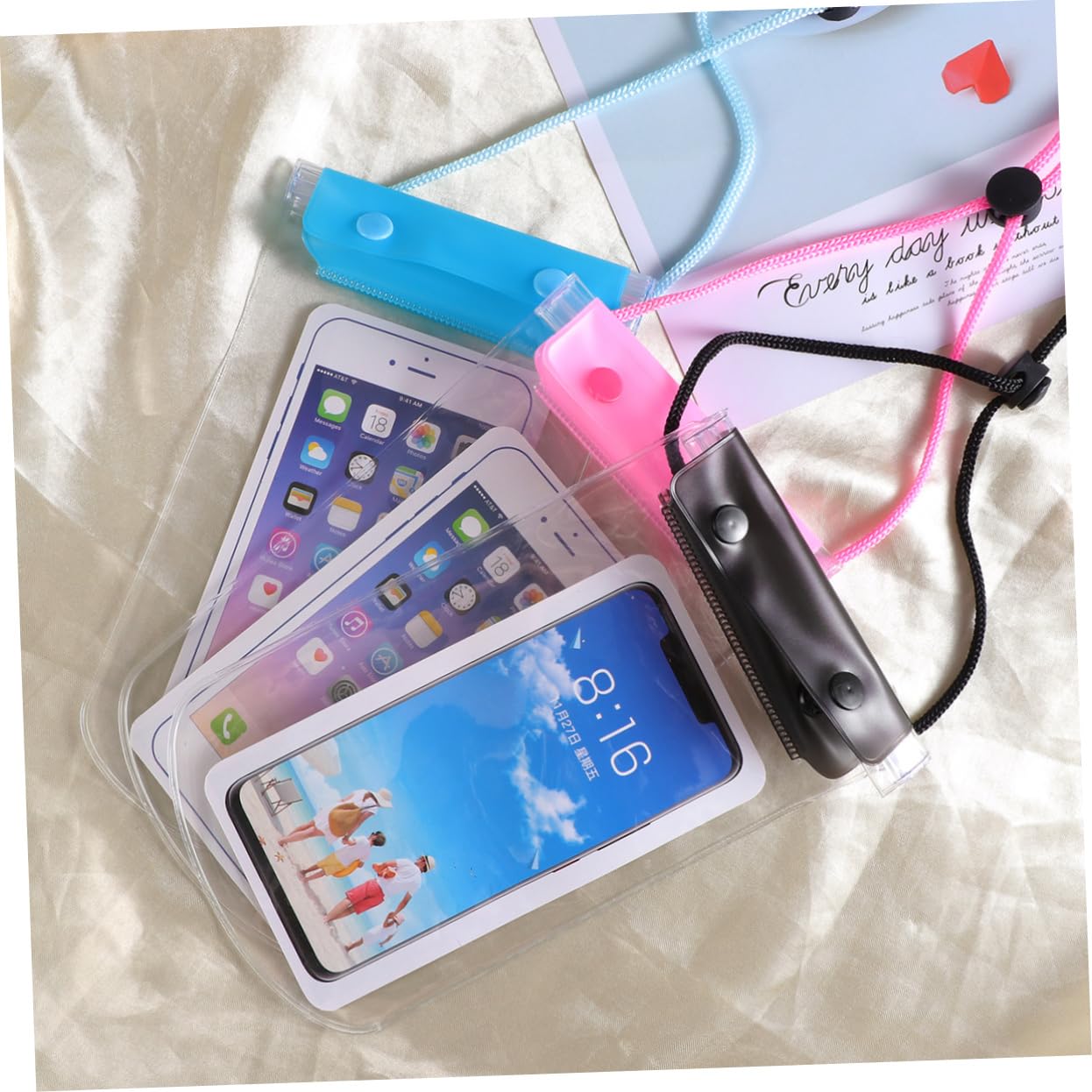 VILLCASE 3pcs Phone Bag Pouch Transparent Touch Screen Case for Beach Fishing Swimming Lightweight Easy Operation Compatible with Phones Pink Black