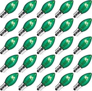 Brightown 25-Pack C7 Christmas Replacement Bulbs, C7 Green Incandescent Bulbs for Christmas Light Strings, E12 Candelabra Base, 5 Watt