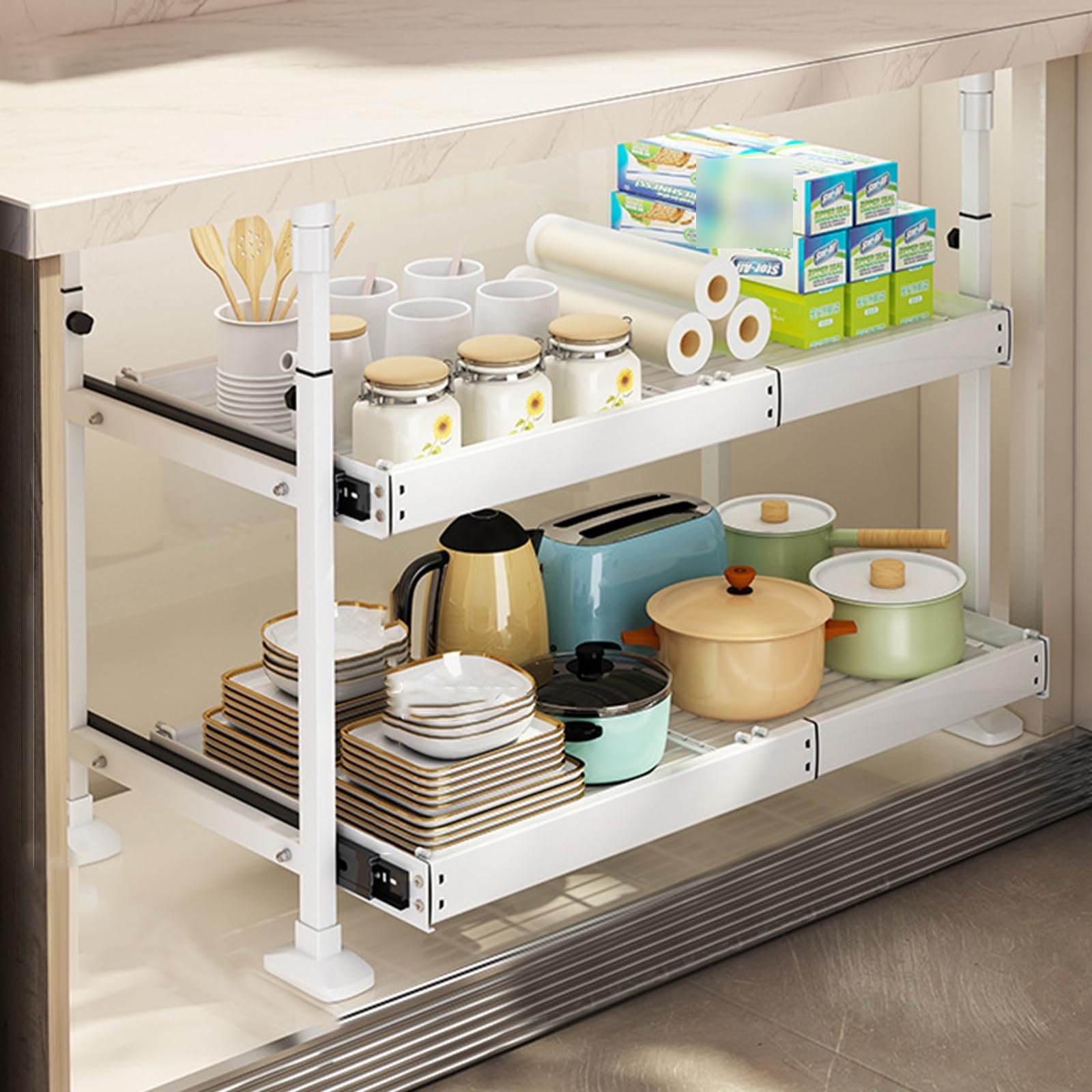 YADZISW Adjustable Expandable Under Organizer and Storage Heavy Duty Pull Out Cabinet with Solid Ball Silent Pulling 1/2 Tier Slide Pantry Shelves for Kitchen Bathroom (White S)