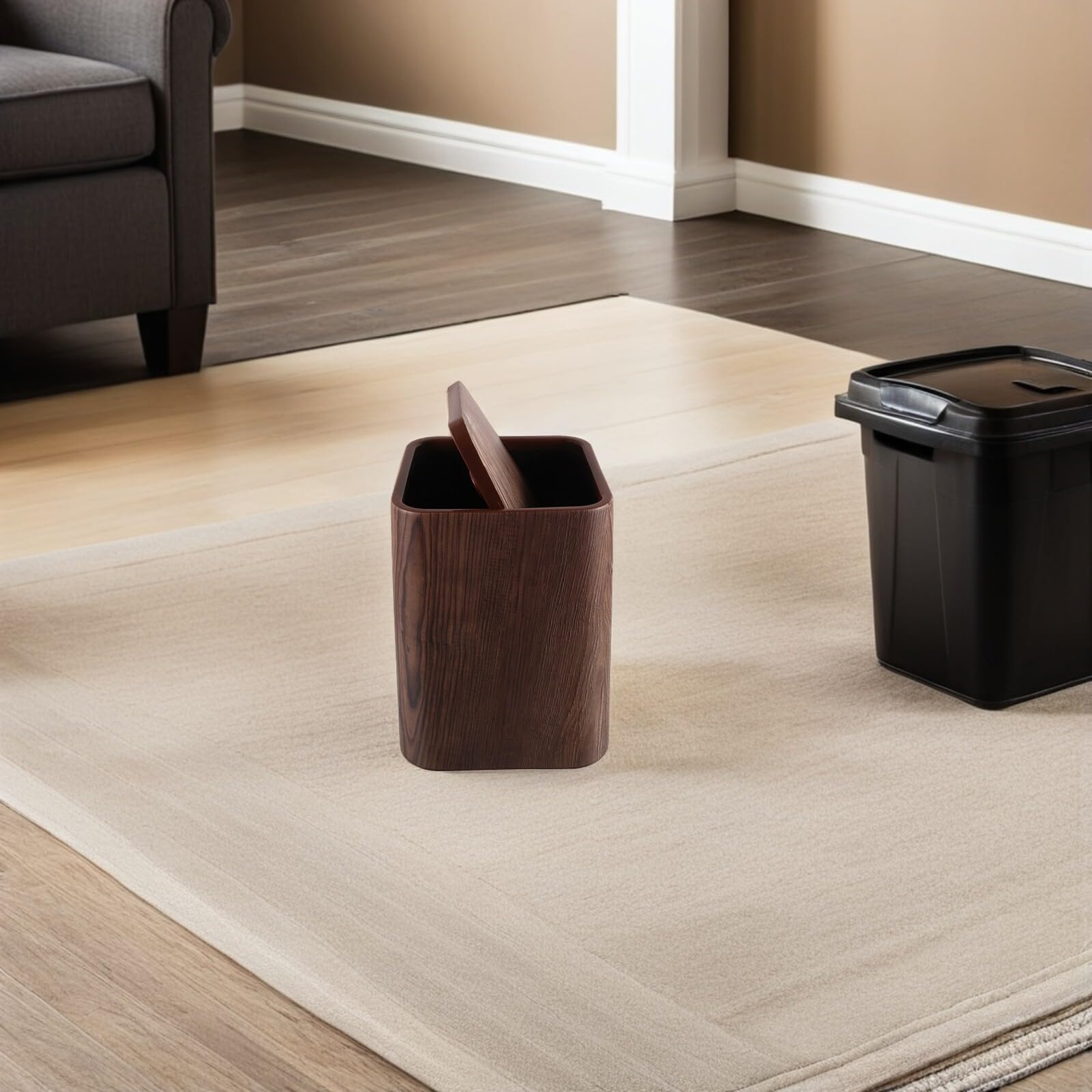 EXCEART Cubo de Basura Rectangular y Antivuelco con Tapa Abatible de Plástico Fácil Mantenimiento y Diseño Imitación Madera para Dormitorio y Oficina Elegante