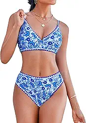 Conjunto de biquíni feminino de cintura alta com controle de barriga, roupa de banho de 2 peças, cobertura total para adolescentes com aro, top floral