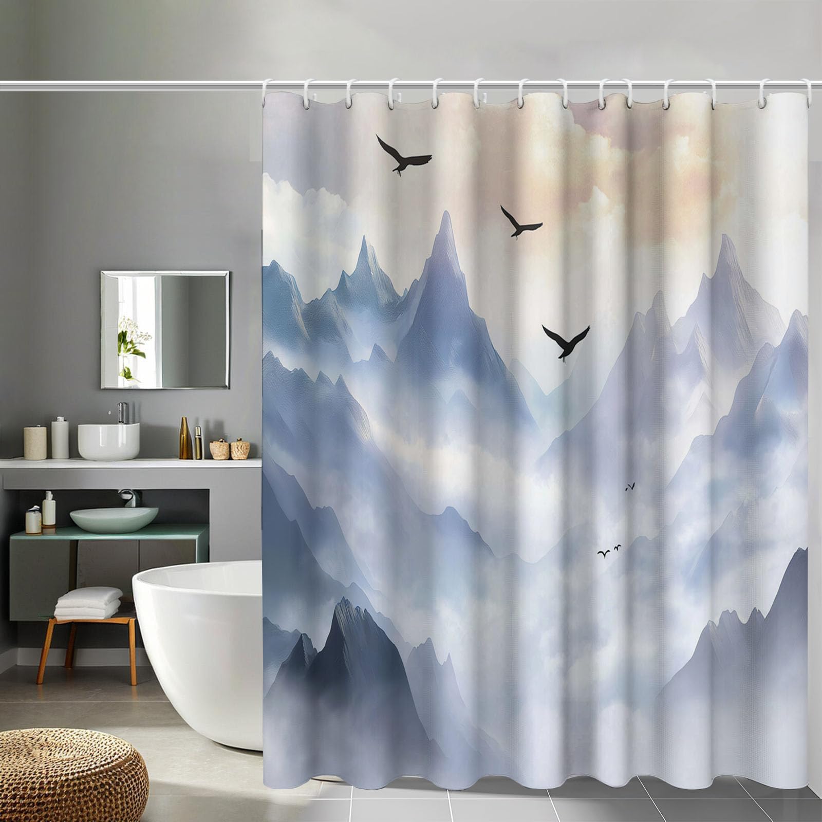Rideau de douche 180x180 cm bleu et blanc au motif de paysage chinois