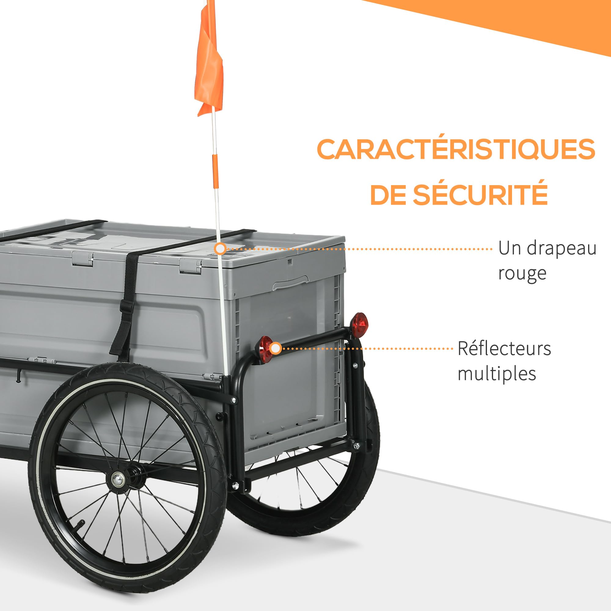 HOMCOM Remorque Chariot à vélo 65L Pliable Amovible Coffre de Rangement 40KG Gris